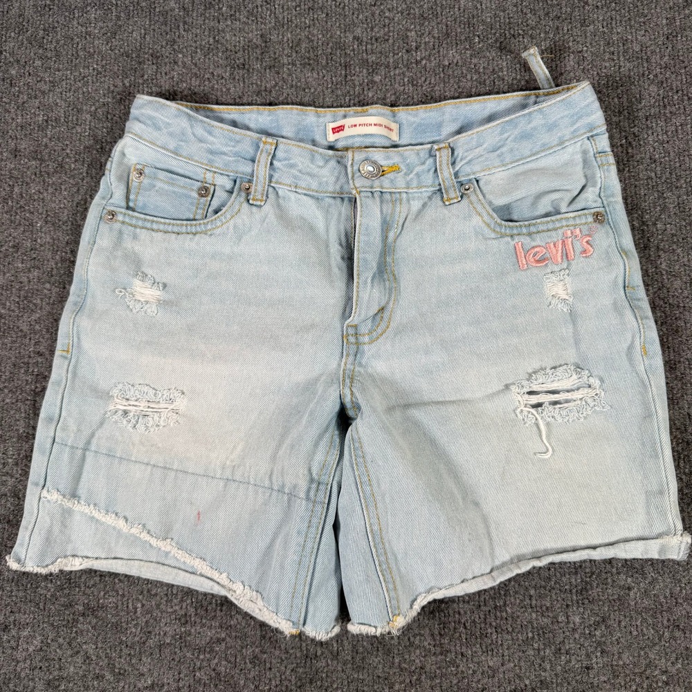 Levis Low Pitch Midi Shorts Light Distressed Denim Girls 14 Reg Pink Logo #4496